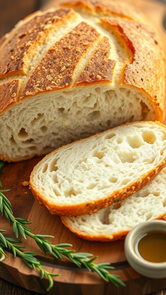 Freshly baked garlic rosemary sourdough bread on a wooden board, with rosemary and olive oil.